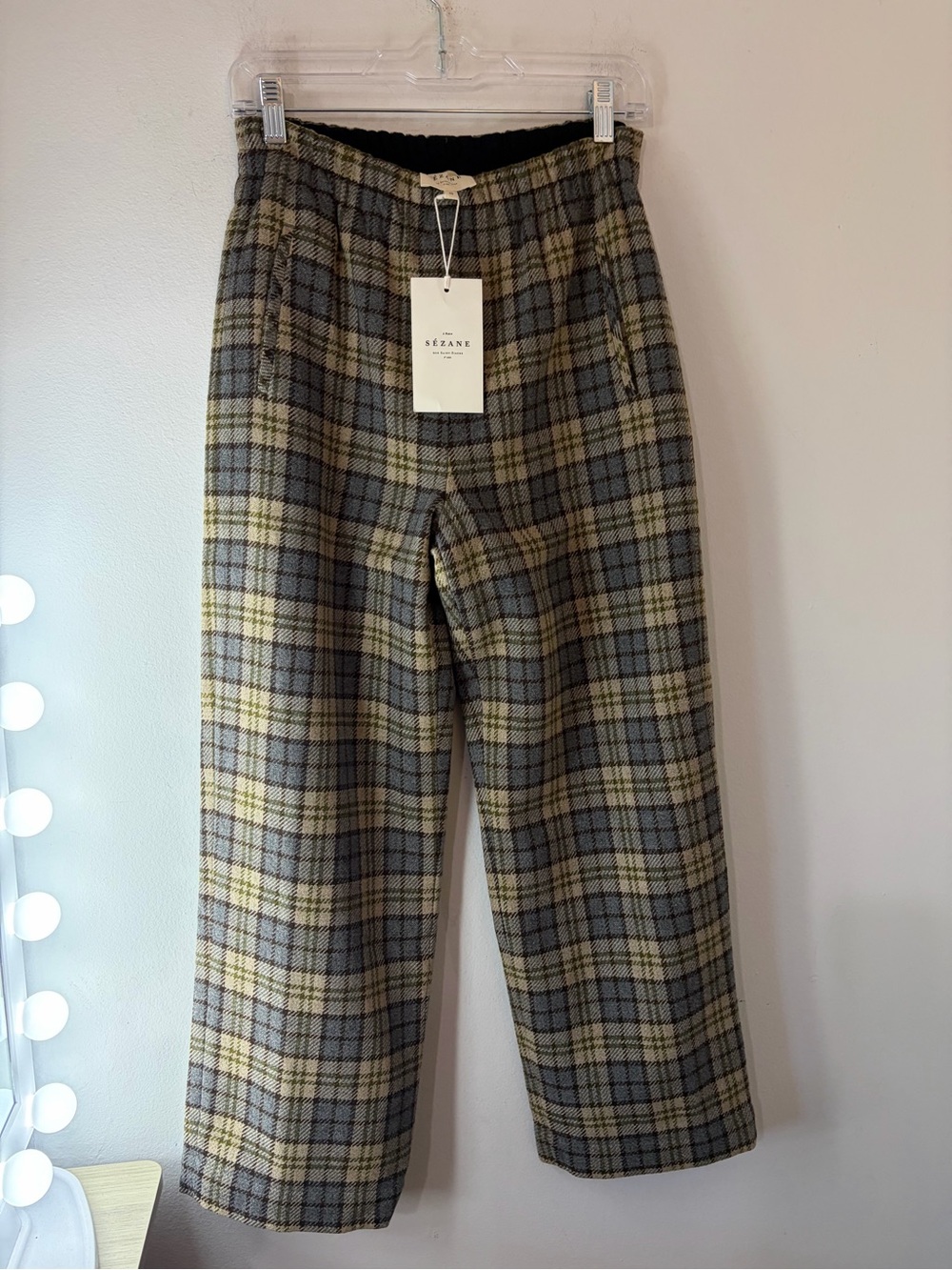 Sezane Plaid Wool and lined Joey Trousers in Gray and Yellow wide leg Elastic